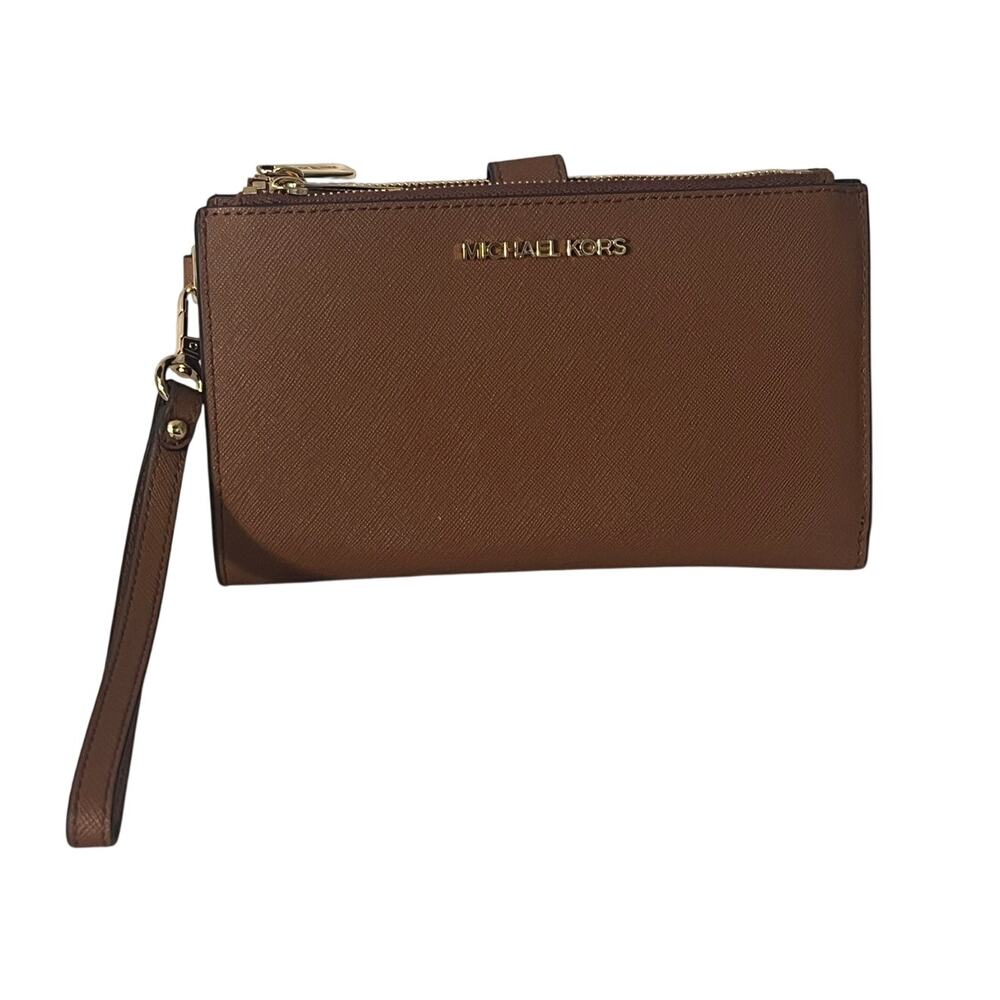 Michael Kors Adele Brown Leather Double Zip Smartphone Wallet Wristlet Gold